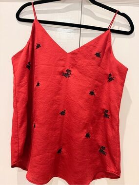 Express Red Spaghetti-Strap Camisole with Black Floral Embroidery